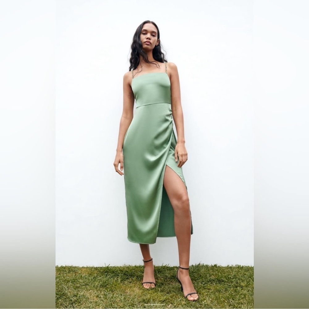 Zara Mint Green BEADED STRAP SATIN EFFECT DRESS NWT